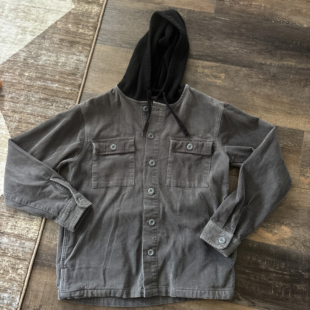 Valor Collective Hooded Corduroy Shirt Jacket Mens Small Gray Button Up Shacket